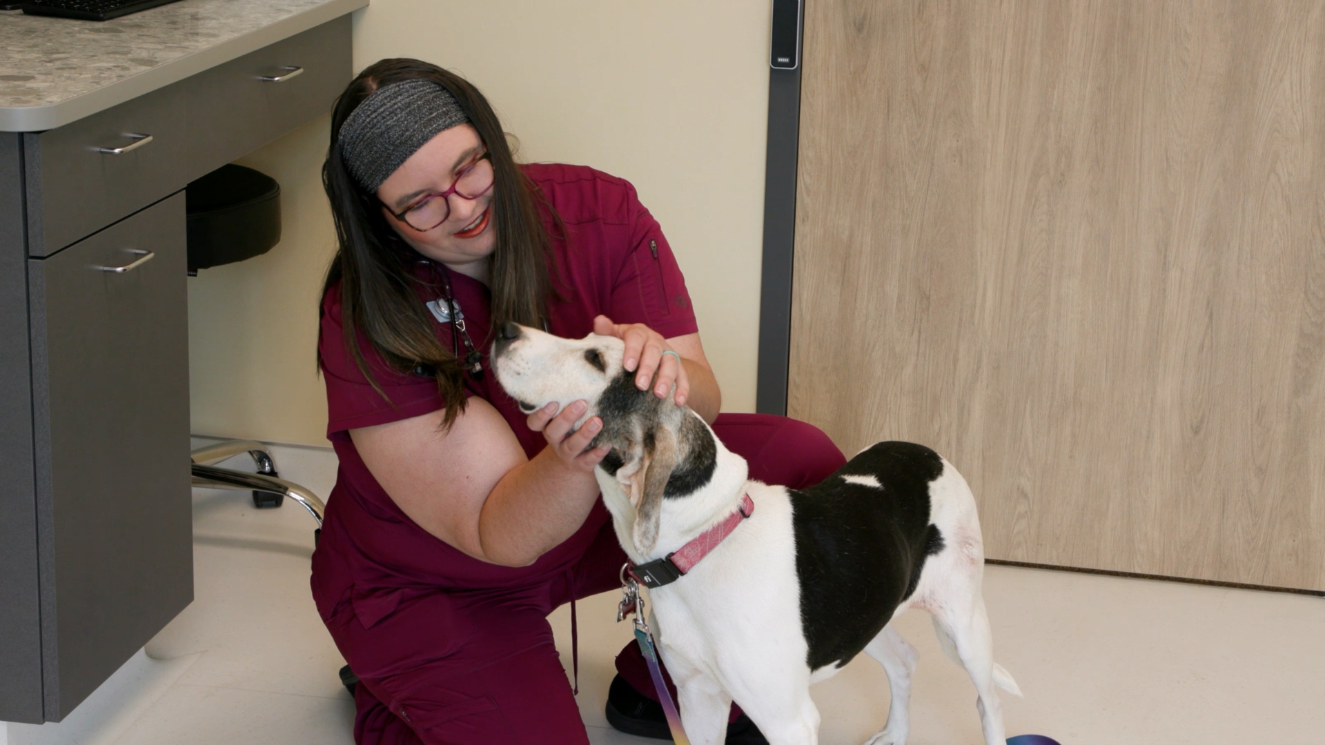 Vet in red shirt petting dog